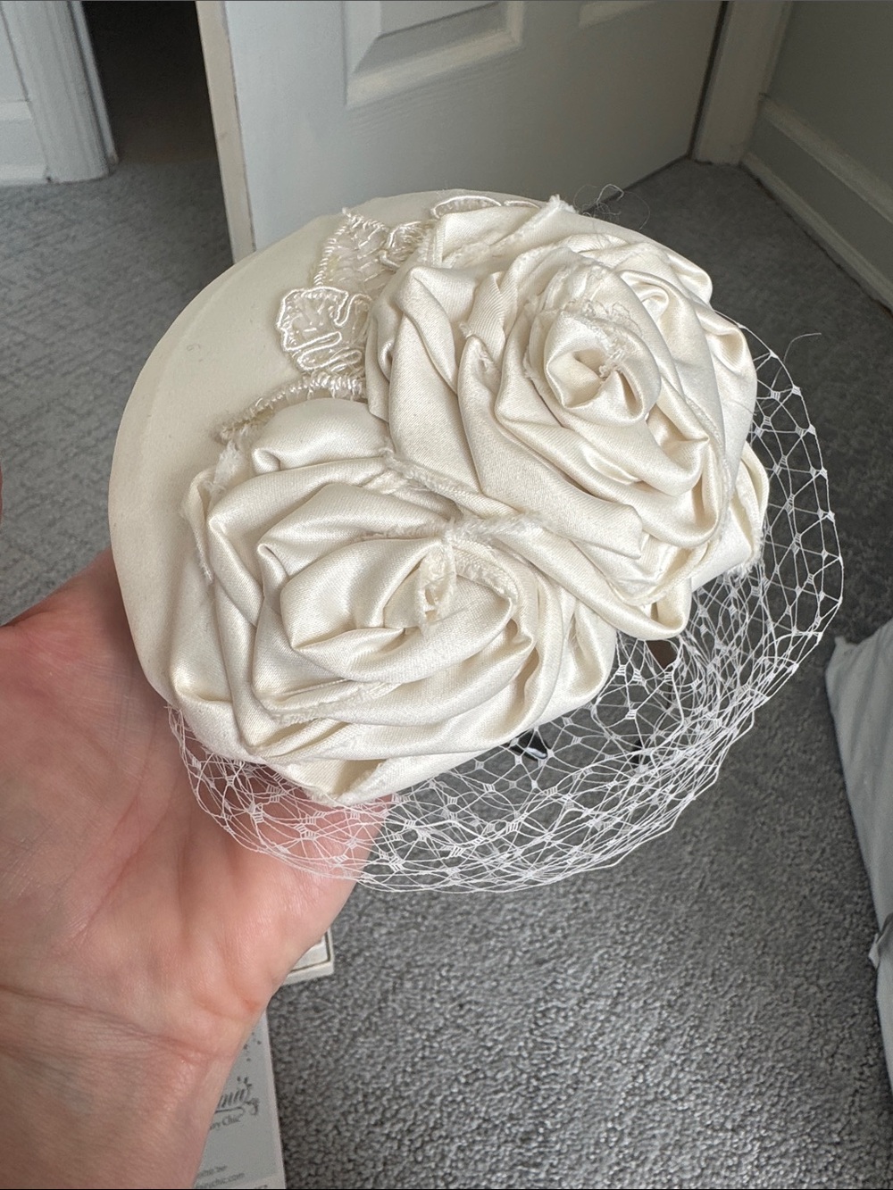 Ivory Satin Rose Pillbox Fascinator with Veil